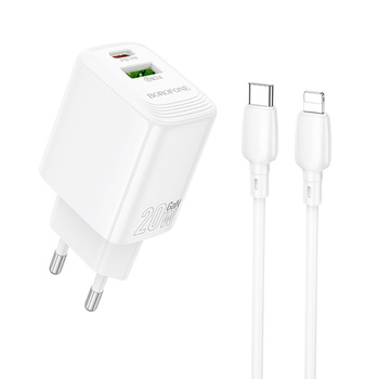 Borofone Netzladegerät BN27 Fuente - USB + Typ C - QC 3.0 PD 20W mit Kabel Typ C auf Lightning weiß