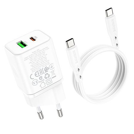 Borofone Netzladegerät BN7 - USB + Typ C - QC 3.0 PD 20W mit Kabel Typ C auf Typ C weiß