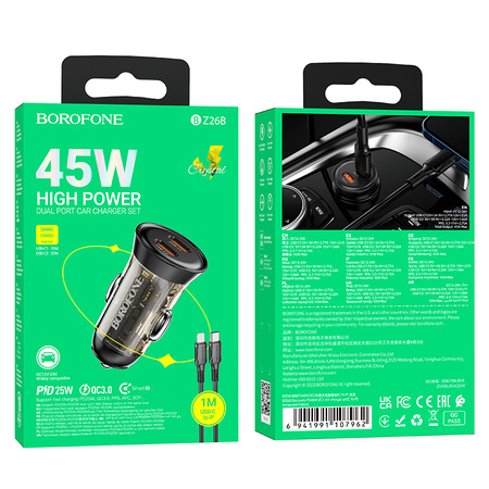 Borofone Ładowarka samochodowa BZ26B Discovery - 2xTyp C - PD 45W 3A z kablem Typ C na Lightning przezroczysto-czarna