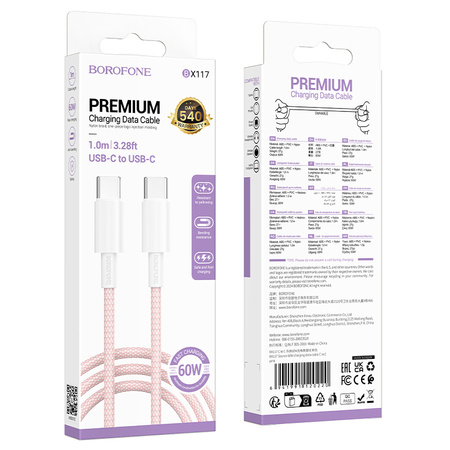 Borofone Kabel BX117 Source - Typ C na Typ C - PD 60W 3A 1 metr różowy