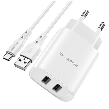 Borofone Netzladegerät BN2 Super - 2×USB - 2,1A mit Kabel USB auf Typ C weiß