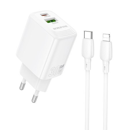 Borofone Ładowarka sieciowa BN29 Fuente - USB + Typ C - QC 3.0 PD 30W z kablem Typ C na Lightning biała