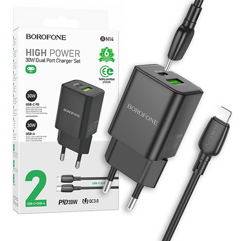 Borofone Ładowarka sieciowa BN14 Royal GaN - USB + Typ C - QC 3,0 PD 30W z kablem Typ C na Lightning czarna
