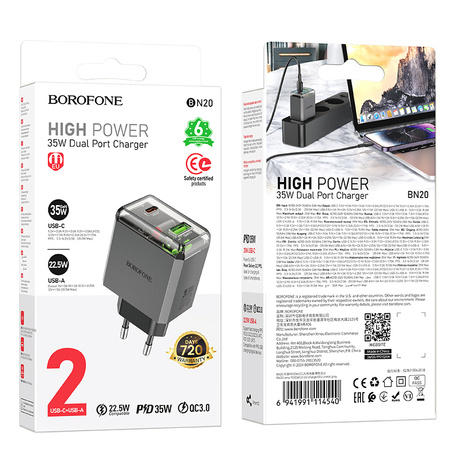Borofone Netzladegerät BN20 Lena - USB + Typ C - PD 35W grau
