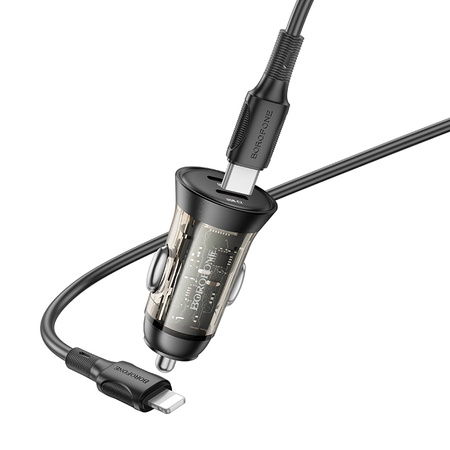 Borofone Kfz-Ladegerät BZ26B Discovery - 2×Typ C - PD 45W 3A mit Kabel Typ C auf Lightning transparent-schwarz