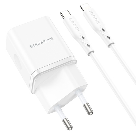 Borofone Ładowarka sieciowa BN7 - USB + Typ C - QC 3,0 PD 20W z kablem Typ C na Lightning biała