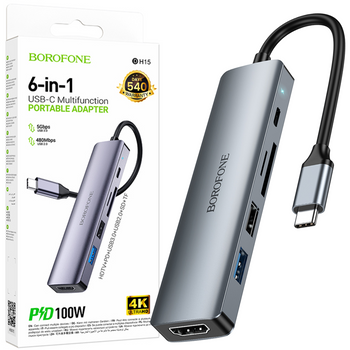 Borofone Adapter DH15 Buddy 6 w 1 - Typ C na HDMI + Typ C + USB 3,0 + USB 3,0 + SD + microSD - PD 100W szary