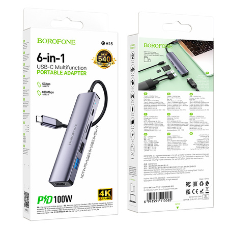 Borofone Adapter DH15 Buddy 6 w 1 - Typ C na HDMI + Typ C + USB 3,0 + USB 3,0 + SD + microSD - PD 100W szary