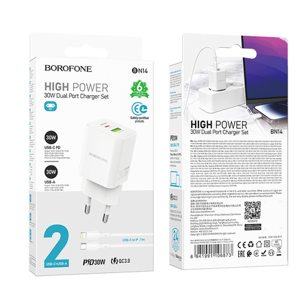 Borofone Ładowarka sieciowa BN14 Royal GaN - USB + Typ C - QC 3,0 PD 30W z kablem Typ C na Lightning biała