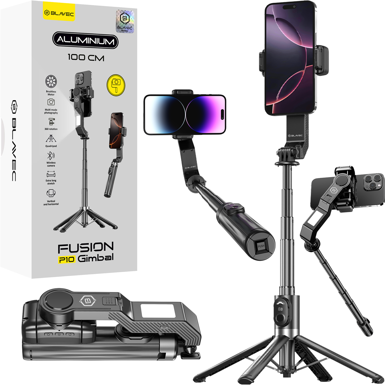 Blavec Selfie-Stick Aluminium Fusion P-10 Gimbal Stativ + Fernbedienung 1 Meter (SSFP10G-TRB10) schwarz