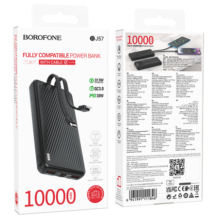 Borofone Powerbank 10000mAh BJ57 Graceful - 2×USB + Typ C - QC 3.0 22,5W + PD 20W mit Kabeln Typ C und Lightning schwarz