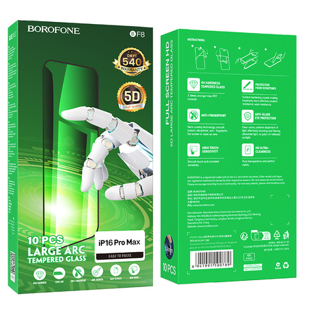 Borofone Panzerglas BF8 Diamond Armor Full Screen 5D Large Arc für iPhone 16 Pro Max - 10 Stück