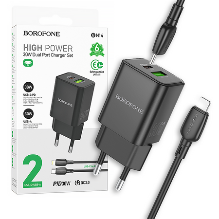Borofone Ładowarka sieciowa BN14 Royal GaN - USB + Typ C - QC 3,0 PD 30W z kablem Typ C na Lightning czarna