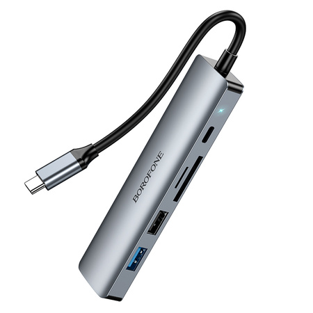 Borofone Adapter DH15 Buddy 6 w 1 - Typ C auf HDMI + Typ C + USB 3.0 + USB 3.0 + SD + microSD - PD 100W grau