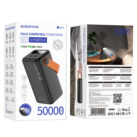 Borofone Power Bank 50000mAh BJ66A Magnifico - 2xUSB + Typ C - QC 3.0 22,5W + PD 20W czarny