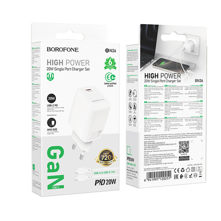 Borofone Netzladegerät BN26 Fuente - Typ C - PD 20W mit Kabel Typ C auf Typ C weiß