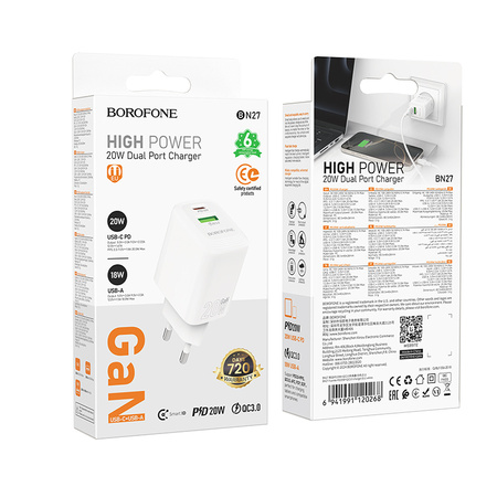 Borofone Netzladegerät BN27 Fuente - USB + Typ C - QC 3.0 PD 20W weiß