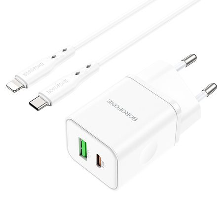 Borofone Ładowarka sieciowa BN7 - USB + Typ C - QC 3,0 PD 20W z kablem Typ C na Lightning biała