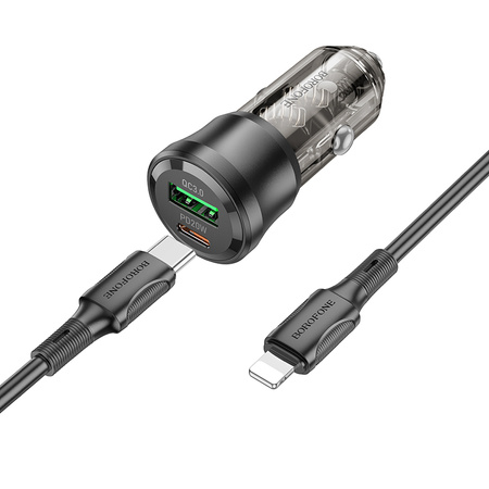 Borofone Ładowarka samochodowa BZ25 Journey - USB + Typ C - PD 38W 3A z kablem Typ C na Lightning czarna