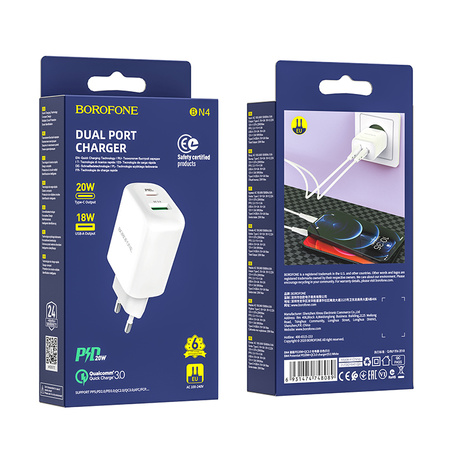 Borofone Netzladegerät BN4 Potential - USB + Typ C - QC 3.0 PD 2.0 20W weiß