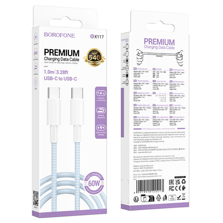 Borofone Kabel BX117 Source - Typ C na Typ C - PD 60W 3A 1 metr niebieski