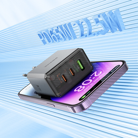 Borofone Ładowarka sieciowa BN22 Lena GaN - 2xTyp C + USB - QC 3.0 PD 65W szara