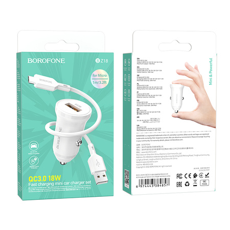 Borofone Ładowarka samochodowa BZ18 - USB - QC 3,0 18W z kablem USB na Micro USB biała
