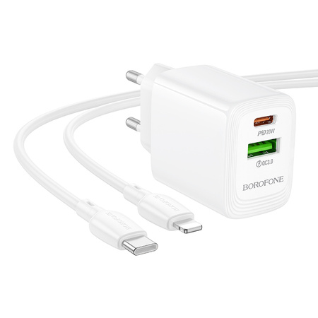 Borofone Netzladegerät BN27 Fuente - USB + Typ C - QC 3.0 PD 20W mit Kabel Typ C auf Lightning weiß