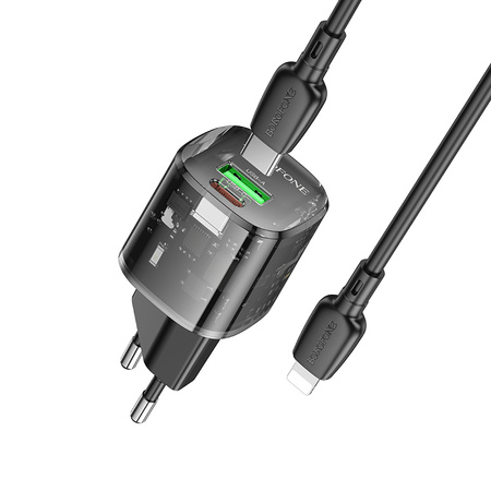 Borofone Netzladegerät BN17 Sunlight - USB + Typ C -  QC 3.0 PD 20W 3A mit Kabel Typ C auf Lightning schwarz