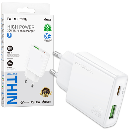 Borofone Ładowarka sieciowa BN25 Wish (Ultra Thin) - USB + Typ C - PD QC 3,0 30W biała