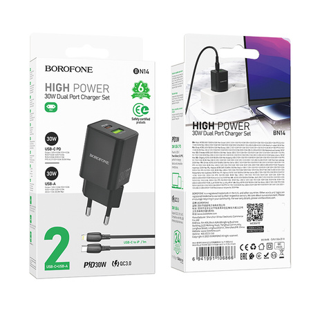 Borofone Ładowarka sieciowa BN14 Royal GaN - USB + Typ C - QC 3,0 PD 30W z kablem Typ C na Lightning czarna