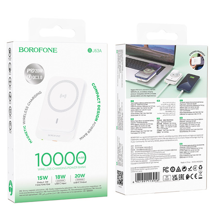 Borofone Power Bank 10000mAh BJ63A Nimble - Typ C - PD 20W magnetyczny z ładowaniem indukcyjnym biały
