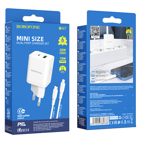 Borofone Ładowarka sieciowa BN7 - USB + Typ C - QC 3,0 PD 20W z kablem Typ C na Lightning biała