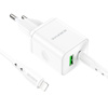 Borofone Ładowarka sieciowa BN7 - USB + Typ C - QC 3,0 PD 20W z kablem Typ C na Lightning biała