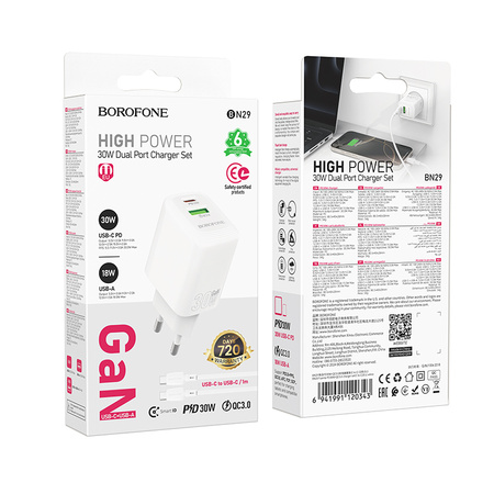 Borofone Netzladegerät BN29 Fuente - USB + Typ C - QC 3.0 PD 30W mit Kabel Typ C auf Typ C weiß