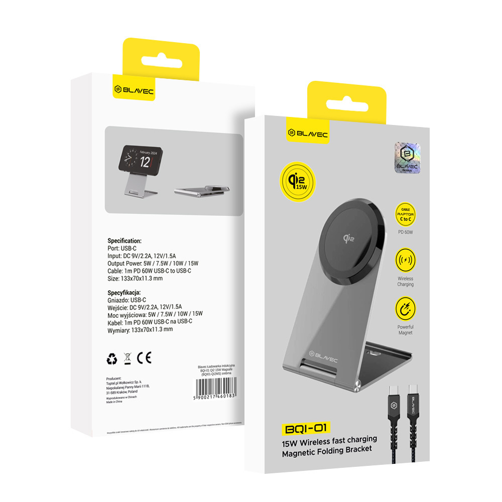 Blavec Induktives Ladegerät BQI-01 Qi2 15W magnetisch kompatibel mit MagSafe + Raptor-Kabel Typ C auf Typ C (BQI01-QI2MS) silber