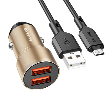 Borofone Ładowarka samochodowa BZ19 Wisdom - 2xUSB - 12W z kablem USB na Micro USB złota