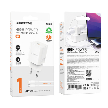 Borofone Netzladegerät BN13 Safety GaN - Typ C - PD 30W mit Kabel Typ C auf Lightning weiß