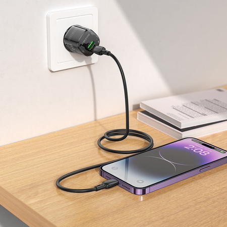 Borofone Ładowarka sieciowa BN17 Sunlight - USB + Typ C - QC 3,0 PD 20W 3A z kablem Typ C na Lightning czarna