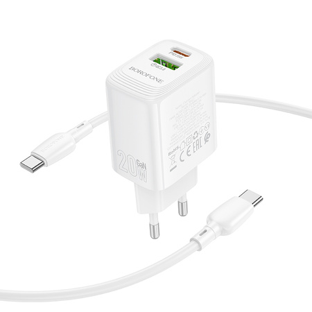 Borofone Netzladegerät BN27 Fuente - USB + Typ C - QC 3.0 PD 20W mit Kabel Typ C auf Typ C weiß