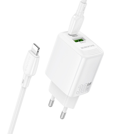Borofone Netzladegerät BN29 Fuente - USB + Typ C - QC 3.0 PD 30W mit Kabel Typ C auf Lightning weiß