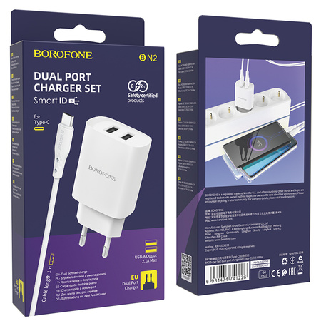 Borofone Netzladegerät BN2 Super - 2×USB - 2,1A mit Kabel USB auf Typ C weiß