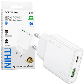 Borofone Ładowarka sieciowa BN25 Wish (Ultra Thin) - USB + Typ C - PD QC 3,0 30W biała