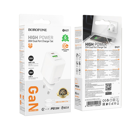 Borofone Netzladegerät BN27 Fuente - USB + Typ C - QC 3.0 PD 20W mit Kabel Typ C auf Typ C weiß
