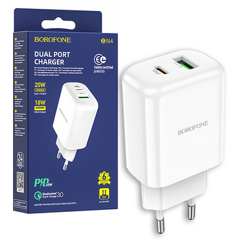 Borofone Ładowarka sieciowa BN4 Potential - USB + Typ C - QC 3,0 PD 2,0 20W biała