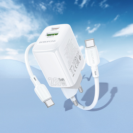 Borofone Ładowarka sieciowa BN27 Fuente - USB + Typ C - QC 3.0 PD 20W z kablem Typ C na Typ C biała