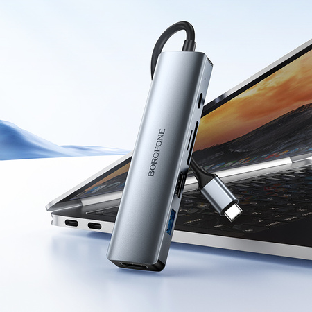 Borofone Adapter DH15 Buddy 6 w 1 - Typ C auf HDMI + Typ C + USB 3.0 + USB 3.0 + SD + microSD - PD 100W grau