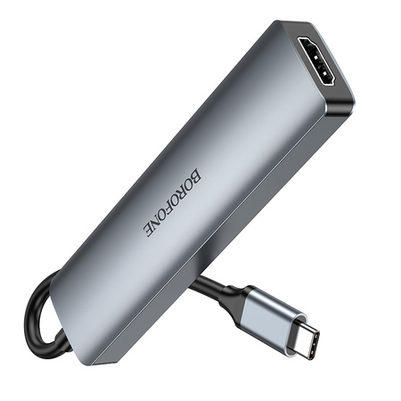 Borofone Adapter DH15 Buddy 6 w 1 - Typ C auf HDMI + Typ C + USB 3.0 + USB 3.0 + SD + microSD - PD 100W grau