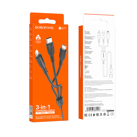 Borofone Kabel BX71 3 w 1 - USB na Typ C, Micro USB, Lightning - 2A 1 metr czarny