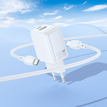 Borofone Ładowarka sieciowa BN29 Fuente - USB + Typ C - QC 3.0 PD 30W z kablem Typ C na Typ C biała